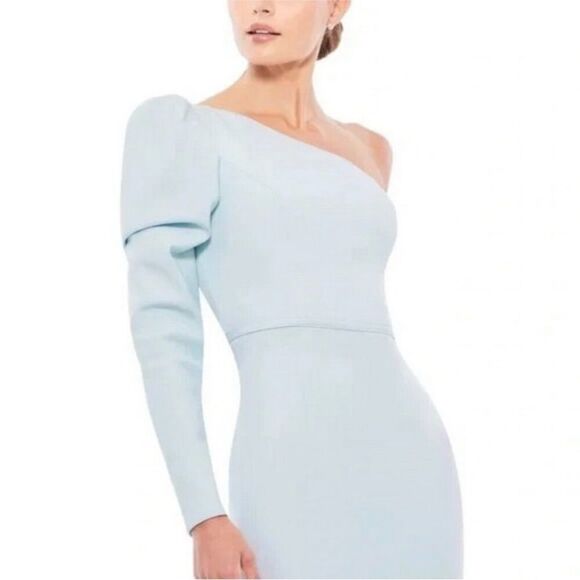 Mac Duggal 70149 One Shoulder Long Sleeve Jersey formal Gown 2  Blue NWT $398 - Picture 2 of 6